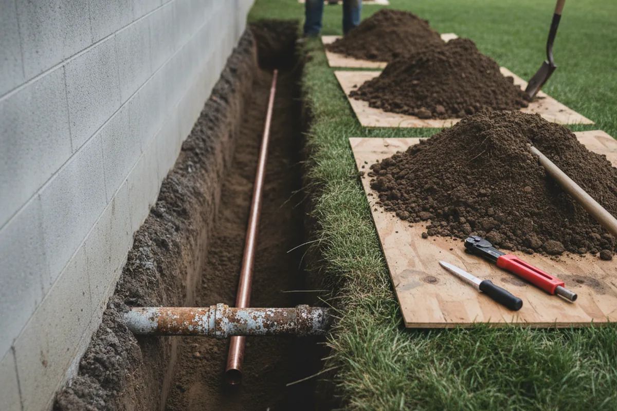 Excavated water line trench during Water Softener Installation in Owaneco